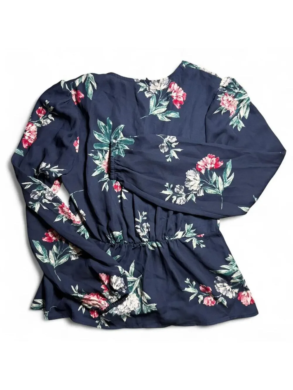 Banana Republic Blue Floral Puff Sleeve V-neck Workwear Cinched Blouse Size XS
